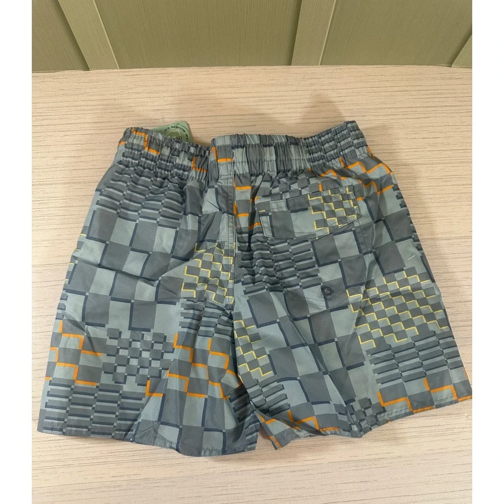 Laguna Swim Boys Board Shorts Grey Orange Geometric Checkered Trunks M 10/12 NEW
